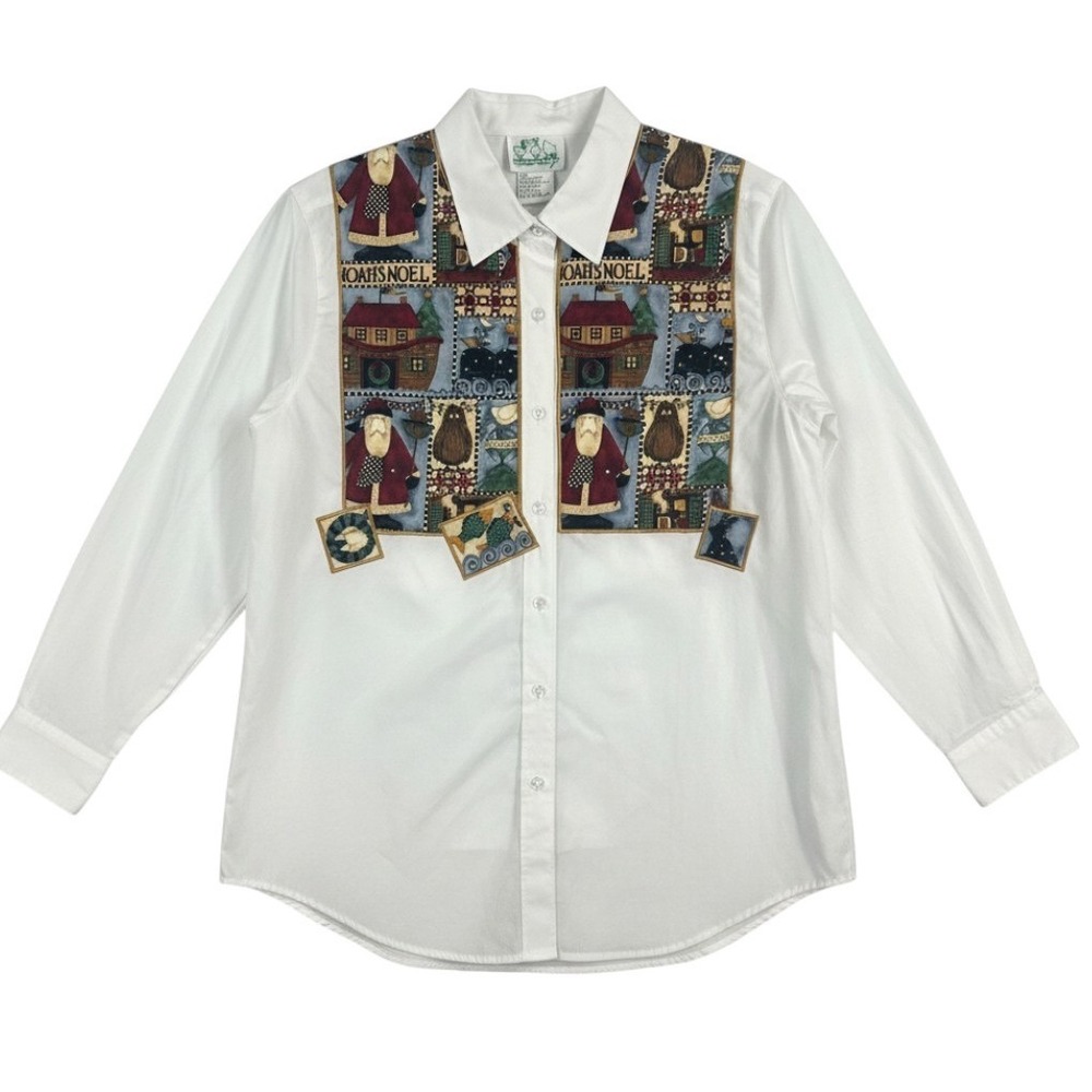 The Quacker Factory Button Up Shirt Womens Large White Noahs Noel Christmas